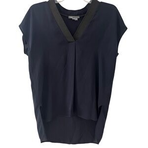 Vince Sleeveless Blue Silk V Neck Top Lamb Leather Trim XXS